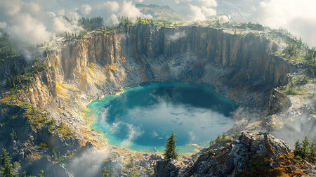 A high-angle view of a turquoise lake surrounded by towering rock cliffs and sparse vegetation, adding to the sense of wonder.の素材