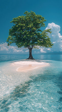 Idyllic tropical scene featuring a single tree standing on a small sand island, surrounded by crystal-clear turquoise water and fluffy clouds.の素材