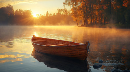 A tranquil wooden boat floats on a misty lake as the golden sunrise lights up the autumn trees.の素材