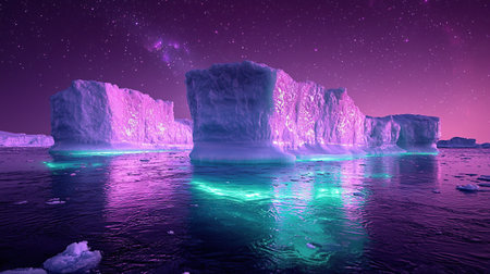 A captivating view of icebergs floating in the arctic ocean, illuminated by a starlit night with colorful hues and reflections.の素材