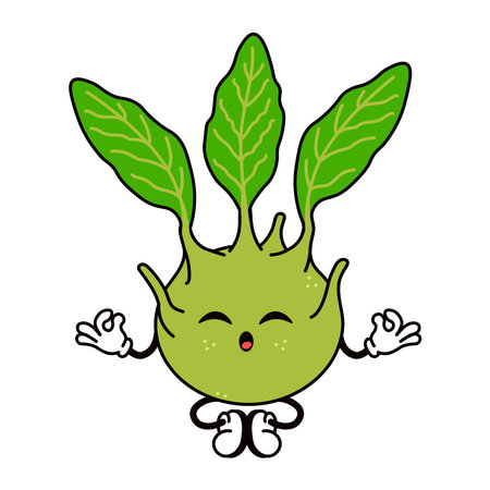 A cartoon kohlrabi character meditates while sitting in the lotus position. Good for use in designs featuring healthy eating and mindfulness.のイラスト素材