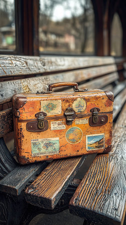 Weathered suitcase adorned with travel stickers sits on a wooden bench, suggesting a journey or memories of past adventures.の素材