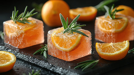 Chilled orange slices frozen in ice cubes and garnished with fresh rosemary sprigs, presented on a black slate surface with whole oranges.の素材