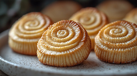 A close-up of a platter of freshly baked cardamom buns, showcasing their golden-brown color and intricate spiral design.の素材