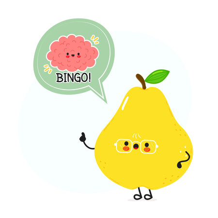 Cute yellow pear character wearing glasses points towards a brain character in a speech bubble with the text Bingo isolated on white.のイラスト素材