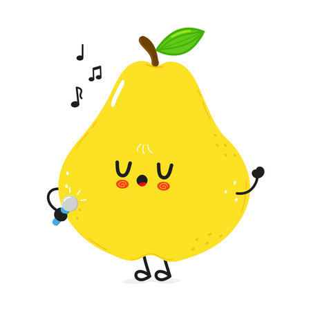 Cute happy pear singing with microphone character. Vector cartoon illustration. Fruit with musical notes isolated on white background.のイラスト素材