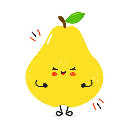 A happy and strong yellow Pear character with a charming expression, full of confidence and joy, isolated on a white background.のイラスト素材