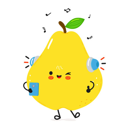 A cheerful Pear cartoon character joyfully listens to music on headphones with a smartphone.のイラスト素材