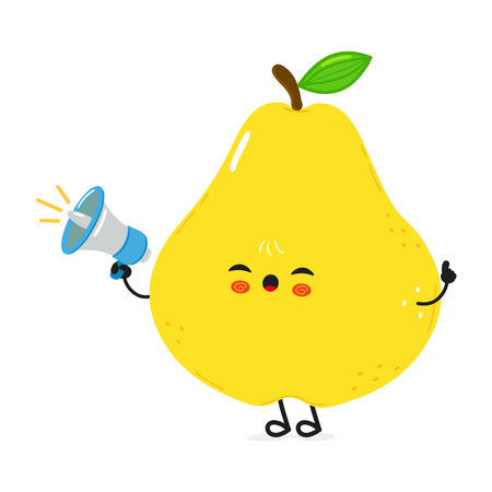 An adorable yellow pear cartoon character cheerfully promoting with a megaphone and pointing upwards, isolated on a white background.のイラスト素材