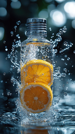 Refreshing lemon slices inside a water bottle, with water splashing around the bottle. Shot with shallow depth of field.の素材