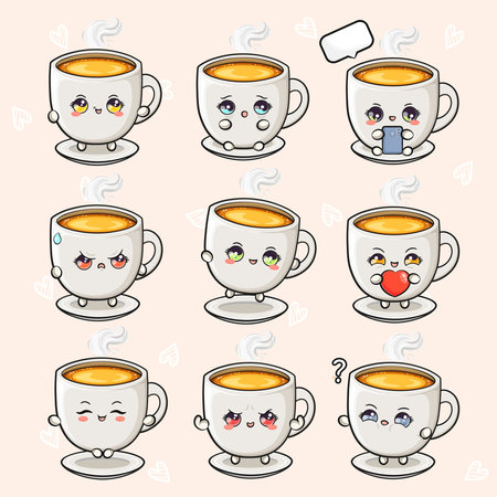 Collection of adorable kawaii coffee cups displays varied, expressive emotions in a charming illustration.のイラスト素材
