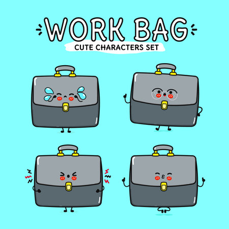 Four expressive work bag characters showcase different emotions in a fun and playful style, perfect for visual content.のイラスト素材
