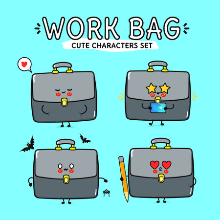 A collection of delightful briefcase characters showcase cute expressions and interactions with playful elements.のイラスト素材