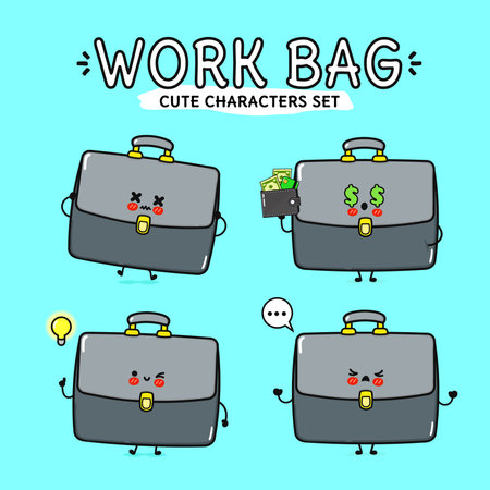 Delightful work bag characters showcase a range of fun emotions, ideal for adding charm to financial designs.のイラスト素材
