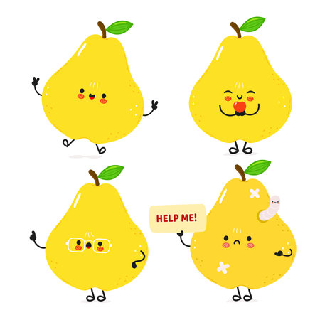 Four yellow cartoon pears are shown with different expressions. One is waving, another is sick with a worm, another is wearing glasses, and the last one has a mustache.のイラスト素材