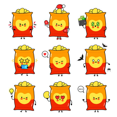 Adorable bags of potato chips express a variety of emotions with unique facial expressions and props.のイラスト素材