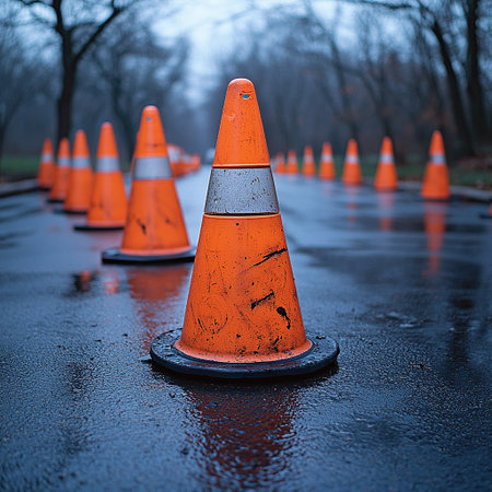 A row of bright orange safety cones on a wet road, indicating construction or a hazard ahead.の素材