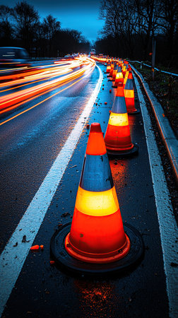 Illuminated traffic cones line a wet road at night, with car lights streaking in the distance.の素材