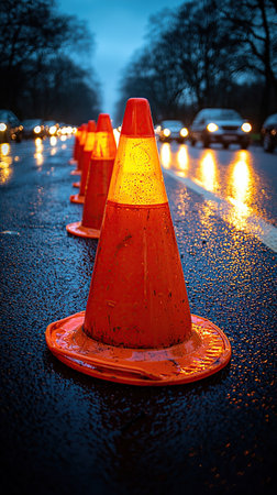 Orange traffic cones on a wet road illuminated by city lights during a rainy night.の素材