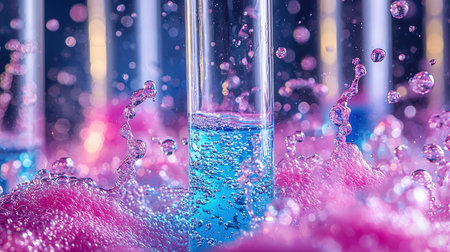 Colorful splash of liquid and bubbles in a chemistry experiment with test tubes in a lab.の素材