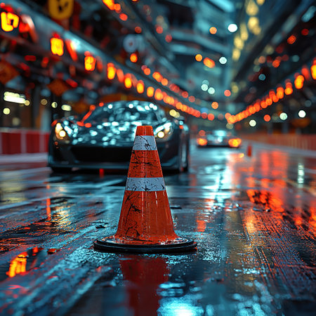 A vibrant orange traffic cone stands out on a wet, reflective street with blurred car headlights and bokeh lights in the background, creating a cinematic atmosphere.の素材