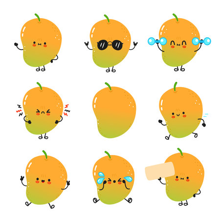 A collection of cute cartoon mango characters with various facial expressions and actions.のイラスト素材
