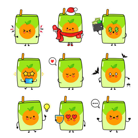 Cartoon orange juice boxes displaying various emotions, including love, excitement, and stress.のイラスト素材
