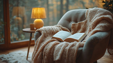Cozy armchair scene with a book, blanket, and a warm lamp inviting relaxation. The gentle light creates a comforting atmosphere, perfect for quiet moments.の素材