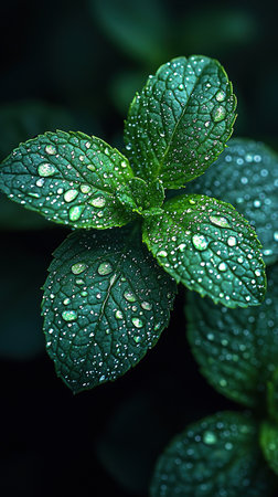 A detailed close-up of fresh mint leaves, showcasing water droplets, vibrant green colors, and natural beauty.の素材