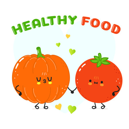 A charming illustration featuring a smiling pumpkin and tomato holding hands, promoting healthy eating habits with a cheerful vibe.のイラスト素材