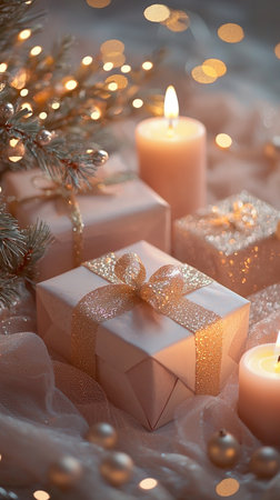 A soft and romantic scene of wrapped gifts, candles, and twinkling lights, perfect for festive holiday occasions. The warm tones evoke feelings of joy and celebration.の素材