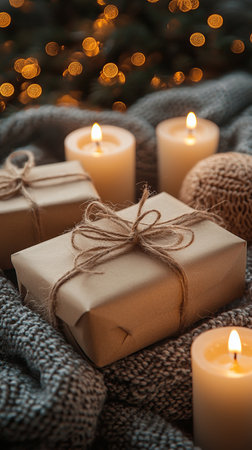 Cozy holiday gifts wrapped in brown paper with twine, surrounded by glowing candles and soft textures create a warm, inviting scene.の素材