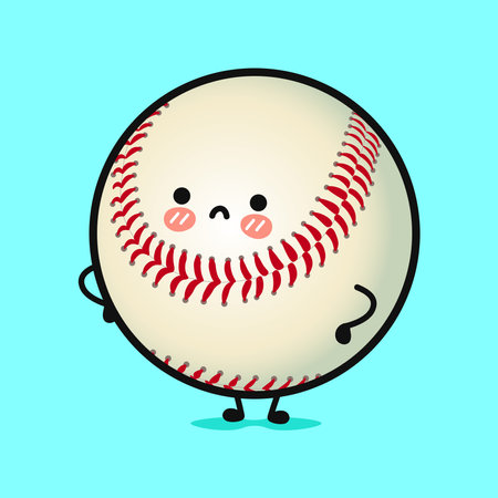 An adorable cartoon baseball character with a sad expression against a vibrant, light blue background, ideal for playful designs.のイラスト素材