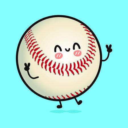 A cheerful cartoon baseball character gives the peace sign with a smile on its face.のイラスト素材