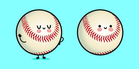 Two cute baseball characters stand side-by-side with happy expressions, against a cheerful blue background. The design is friendly and inviting.のイラスト素材