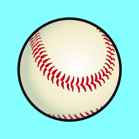 A detailed illustration of a baseball, showcasing the intricate red stitching on a white leather sphere against a bright blue background.のイラスト素材