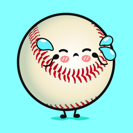 A cute baseball character sweating with worry, portrayed with kawaii-style design elements and a playful cartoon aesthetic against a blue background.のイラスト素材