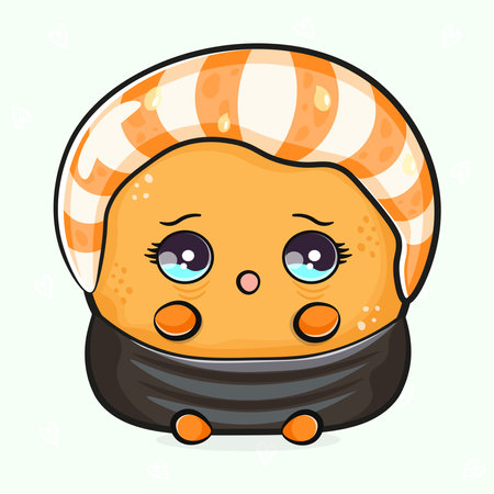A cute, cartoon-style sushi character with big, expressive eyes appears to be sad, designed with soft, appealing colors.のイラスト素材