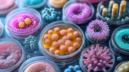 various petri dishes showcase diverse, colorful bacterial colonies, highlighting microbiology research and scientific exploration. this visual represents microorganisms and their growth.の素材