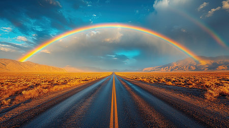 A stunning double rainbow arcs over a road, leading towards majestic mountains and beauty.の素材