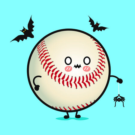 A cute Baseball character with bats and a spider prepares for Halloween in a cheerful cartoon style.のイラスト素材