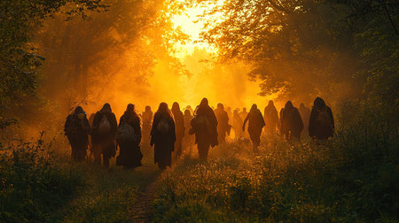 A group of cloaked figures walking on a path in a forest towards the bright sunlight.の素材