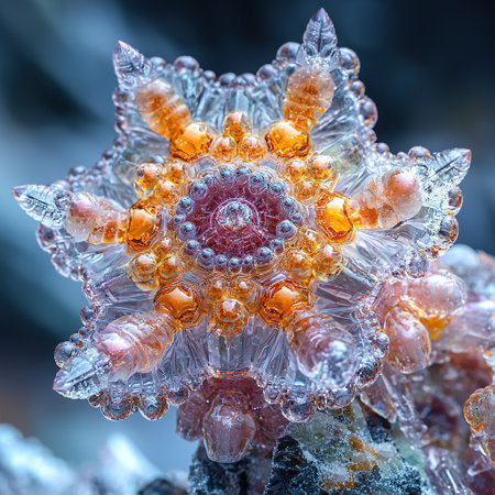 An exquisite macro shot reveals a detailed ice crystal with stunning color, symmetry, and unique features.の素材