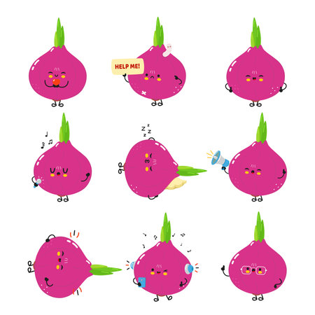Playful cartoon illustrations featuring adorable Red Onions with various emotions and engaging activities.のイラスト素材