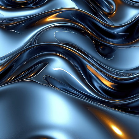 Captivating abstract composition features fluid, metallic forms with shades of blue and gold.の素材