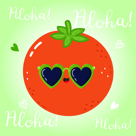 A cheerful cartoon Tomato with heart-shaped sunglasses says aloha, perfect for summer greetings.のイラスト素材