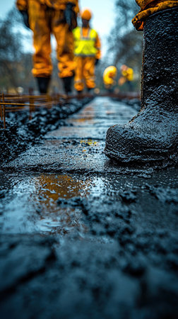 A close-up shows a boot covered in mud, reflecting a construction site with workers in bright overalls.の素材