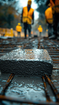 A close-up shot of construction workers working on a building site with a focus on the foundations.の素材