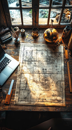 An antique blueprint, compass, and various drafting tools are arranged on a weathered wooden desk. A laptop is also present.の素材