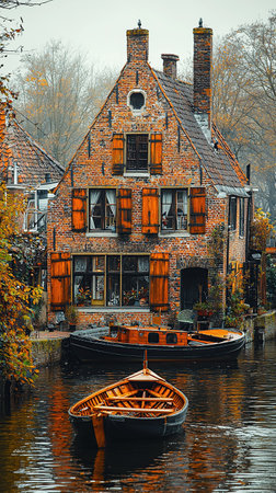 A charming brick house stands along a tranquil canal, complemented by wooden boats in the foreground during the autumn season.の素材